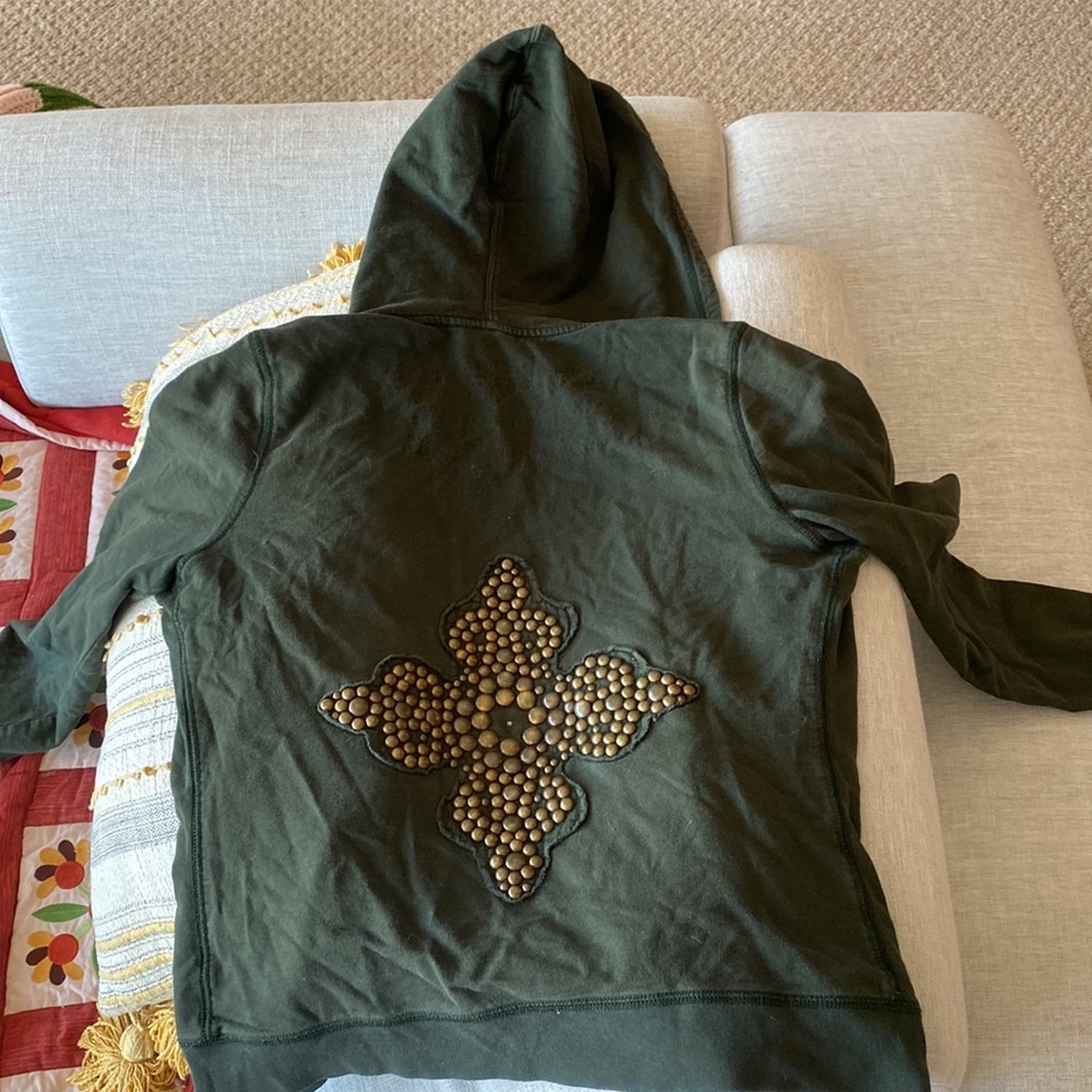 Twisted Heart Hooded Sweatshirt Zip Front Green Embellished Back Size S Pockets